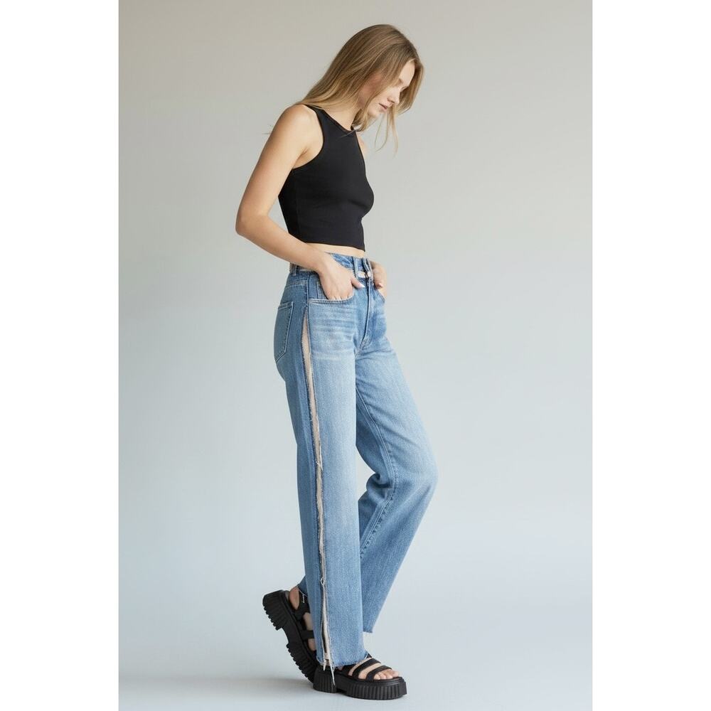 FRAME Atelier Sheer Side Insert High Waist Wide Leg Jeans In Azul Size 30 NWT